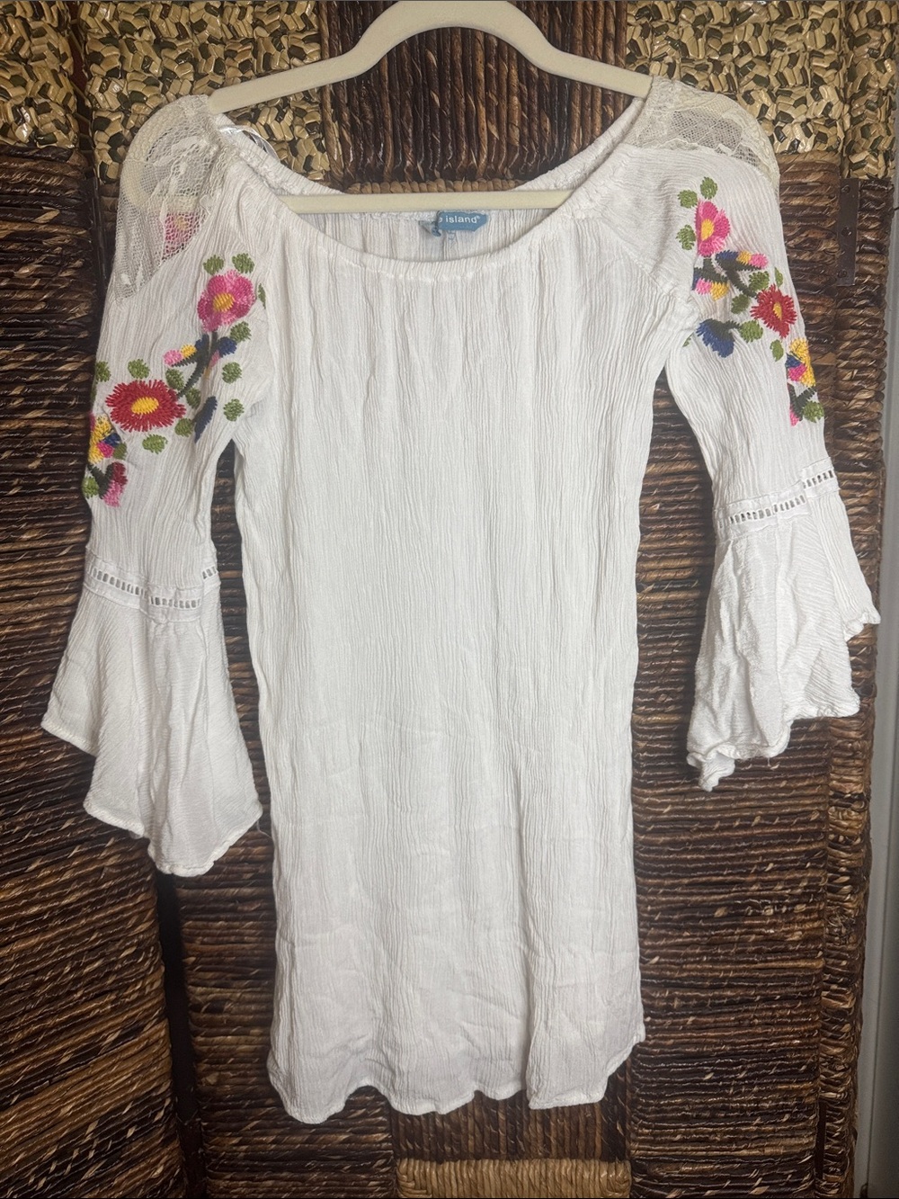 blue island White Embroidered Peasant Tunic with Multicolor Floral Sleeves